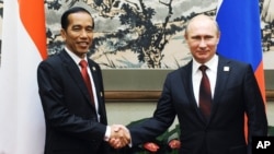 Russian President Vladimir Putin (r) shakes hands with Indonesian President Joko Widodo at the Asia-Pacific Economic Cooperation (APEC) forum in Beijing, Nov. 10, 2014. 