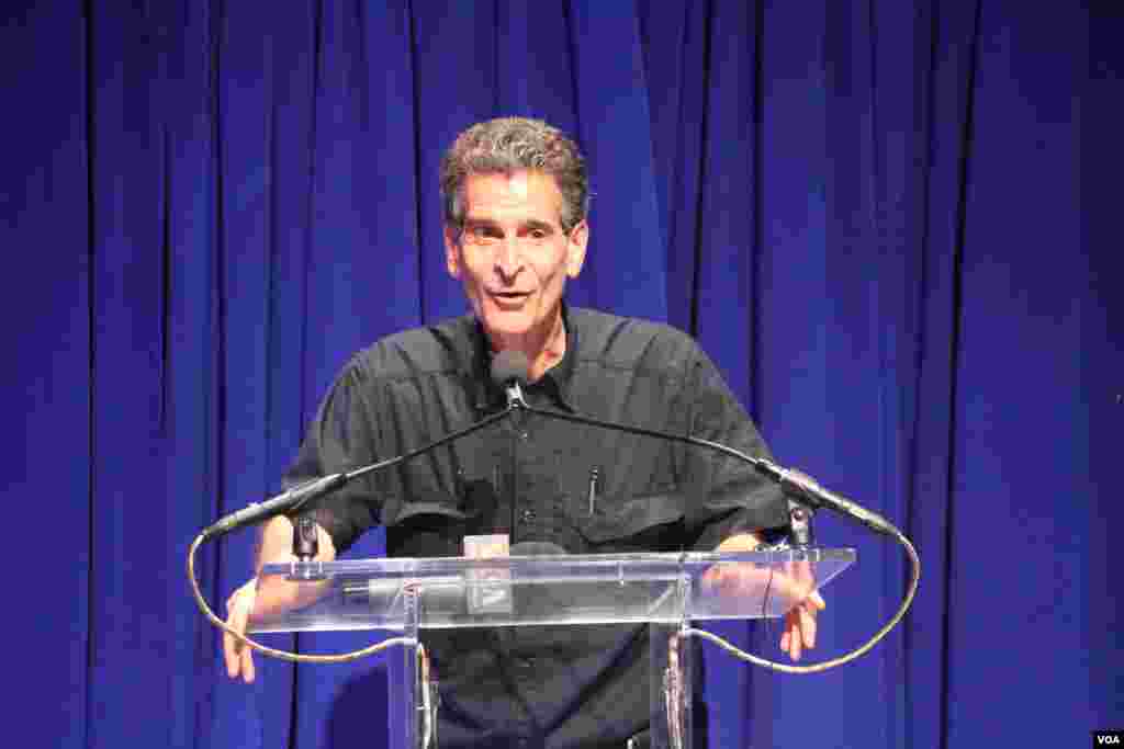 Dean Kamen, founder of First Global talks during the opening of the First Global Challenge robotics competition in Washington, Sunday, July 16, 2017. (Nem Sopheakpanha/VOA Khmer)