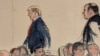 En este boceto de la sala del tribunal, el viernes 26 de enero. 2024, Donald Trump, a la izquierda, es seguido por su abogado interno Boris Epshteyn, mientras sale de la sala del tribunal federal, en Nueva York. (Elizabeth Williams via AP)