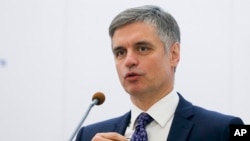 Ukrainian Foreign Minister Vadym Prystaiko speaks during a joint new conference with Latvian Foreign Minister Edgars Rinkevics in Kyiv, Ukraine, Oct. 7, 2019. 