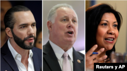 Composición fotográfica del presidente salvadoreño Nayib Bukele y los legisladores de EE. UU. Albio Sires y Norma Torres. Fotos: Reuters y AP]