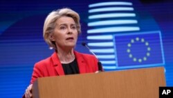 European Commission President Ursula von der Leyen speaks during a media conference, after a virtual G-7 meeting on the ongoing crisis in Afghanistan, at the European Council building in Brussels, Aug. 24, 2021.