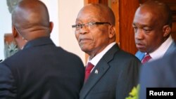 FILE - President Jacob Zuma leaves Tuynhuys, the office of the Presidency at Parliament in Cape Town, South Africa, Feb. 7, 2018. 