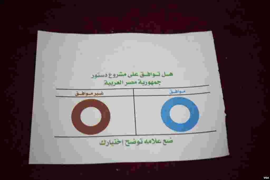 Kertas suara dalam referendum konstitusi di Kairo (22/12). Lingkaran merah berarti 'tidak' atau tidak mendukung konstitusi, sementara lingkaran biru artinya 'tidak'. (VOA/Yuli Weeks)