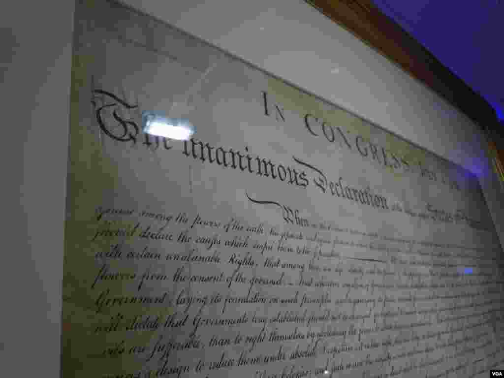 A limited-edition copy of The Declaration of Independence created by William J. Stone in July 1823. (VOA/J. Taboh)
