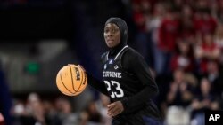 University of California, Irvine, guard Diaba Konate is one of two women who wore hijabs during their NCAA Tournament basketball games this year. UC Irvine lost this first-round game to Gonzaga University on March 23, 2024.