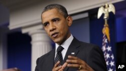 Presiden Barack Obama di ruang briefing Gedung Putih, Senin (20/8).