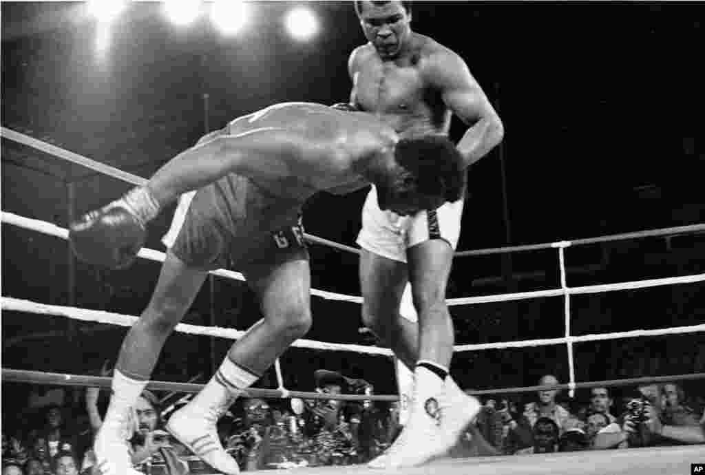 Muhammad Ali menundukkan penantangnya, George Foreman, yang jatuh ke kanvas pada ronde kedelapan pertandingan WBA/WBC di Kinshasa, Zaire, 30 Oktober 1974. 