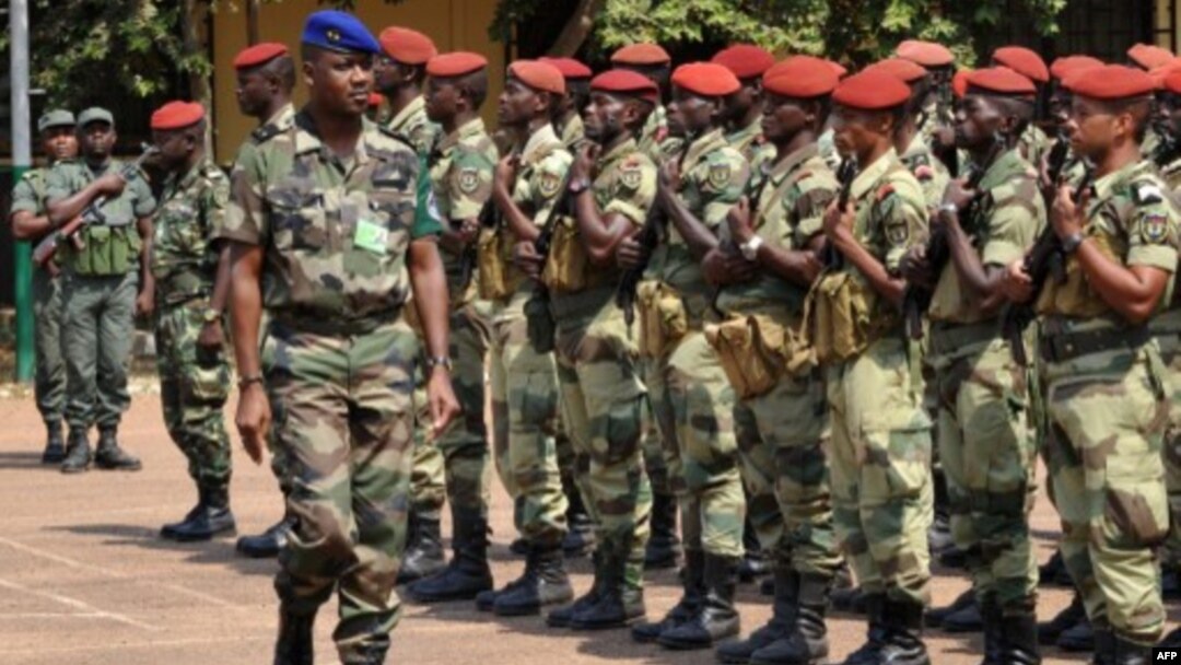 The commander of regional African force Jean-Felix Akaga reviews troops, on January 2, 2013 in Bangui.