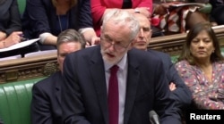 FILE - Britain's opposition Labour Party leader Jeremy Corbyn speaks after a round of voting on Brexit options at the House of Commons in London, April 1, 2019, in this still image taken from video.