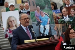 FILE - Senate Minority Leader Chuck Schumer, D-N.Y., speaks at a news conference about efforts to rework the Affordable Care Act, outside the U.S. Capitol in Washington, June 27, 2017.