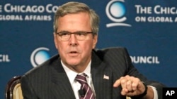 Former Florida governor Jeb Bush answers questions after speaking at the Chicago Council on Global Affairs, Feb. 18, 2015, in Chicago.