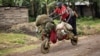 People ride with their belongings on a wooden bicycle as they flee from renewed fighting between Congolese army and M23 rebels near the eastern Congolese city of Goma, July 24, 2012.