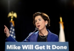 Rhode Island Gov. Gina Raimondo introduces Democratic presidential candidate and former New York City Mayor Michael Bloomberg at a campaign event, Feb. 5, 2020, in Providence, R.I.