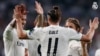 Bale de Real Madrid se congratule avec deux de ses coéquipiers après un but lors du match de la Ligue des champions contre l’AS Rome, au stade Santigo Bernabeu, 19 septembre 2018. (Twitter/Real Madrid)