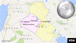 Peta provinsi Anbar, Irak dan letak kota Ramadi dan Ar-Rutbah.