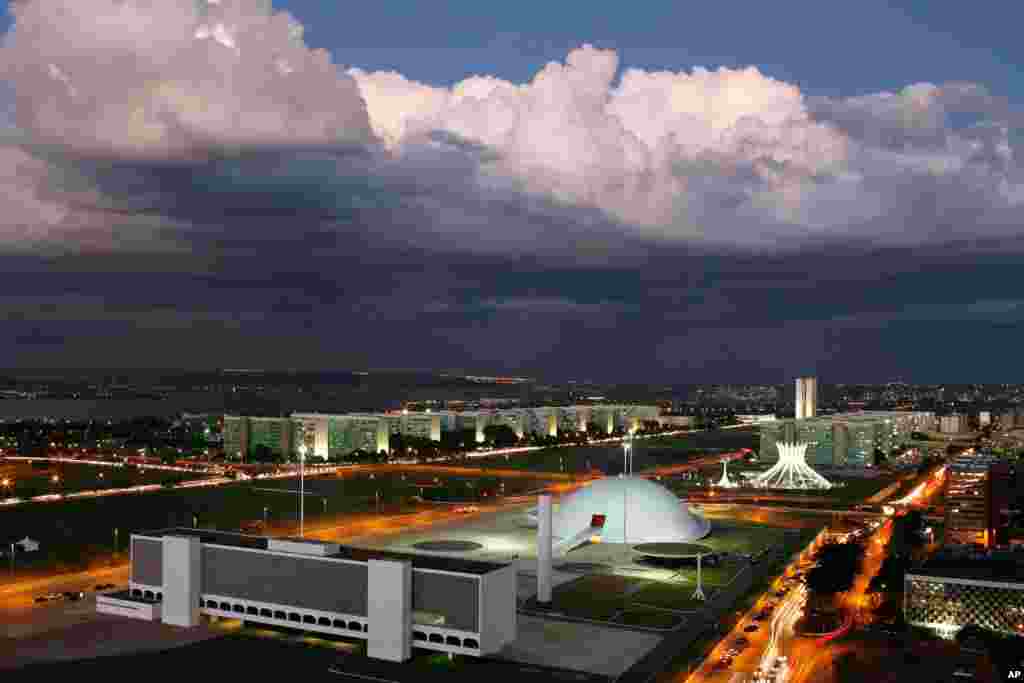 FILE - This April 17, 2007 file photo shows the government Esplanade of Ministries in Brasilia along the boulevard that features some of Brazilian architect Oscar Niemeyer's most famous works.