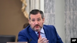 FILE - Sen. Ted Cruz, R-Texas, asks a question during a Commerce Committee hearing on Capitol Hill in Washington, June 24, 2020. 