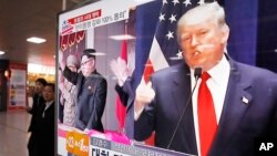 A TV screen shows pictures of U.S. President Donald Trump, right, and North Korean leader Kim Jong Un, at the Seoul Railway Station in Seoul, South Korea.