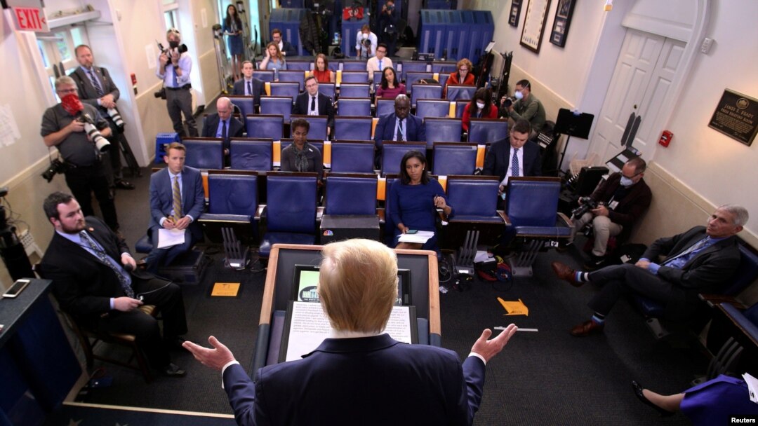 U.S. President Donald Trump addresses the daily coronavirus task force briefing at the White House in Washington, U.S., April 8, 2020. 