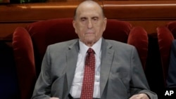 FILE - In this, April 1, 2017, photo, The Church of Jesus Christ of Latter-day Saints President Thomas Monson looks on during the morning session of the two-day Mormon church conference in Salt Lake City. 