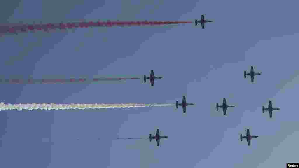 Egyptian military jets fly over Cairo as the head of Egypt's constitution court Adly Mansour was sworn in as interim head of state, July 4, 2013.