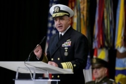 FILE - Then-Vice Adm. Charles Richard, commander of U.S. Strategic Command, speaks during a change-of-command ceremony at Offutt Air Force Base in Nebraska, Nov. 18, 2019,