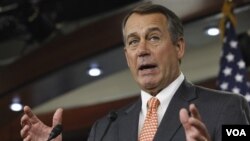 Ketua DPR AS dari Partai Republik, John Boehner dalam konferensi pers di Gedung Kongres (17/2).