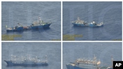 This combination of Sept. 3, 2016 photos provided by the Philippine Government shows what it says are surveillance pictures of Chinese coast guard ships and barges at the Scarborough Shoal in the South China Sea. 