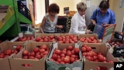 FILE - Women choose Dutch tomatoes at a supermarket in downtown Moscow. The Russian government has banned all imports of meat, fish, milk and milk products and fruit and vegetables from the US, EU, Australia, Canada and Norway.