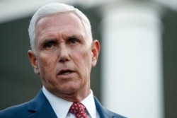 FILE - U.S. Vice President Mike Pence speaks to reporters outside the West Wing of the White House, Oct. 14, 2019, in Washington.