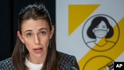 PM Selandia Baru Jacinda Ardern di Gedung Parlemen di Wellington, Selandia Baru, 4 Oktober 2021. (Mark Mitchell/Pool Photo via AP)