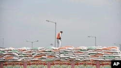 Seorang sopir truk Afghanistan mengikat karung-karung gandum bantuan dari India di perbatasan Attari-Wagah antara India dan Pakistan, dekat Amritsar hari Selasa (22/2). 