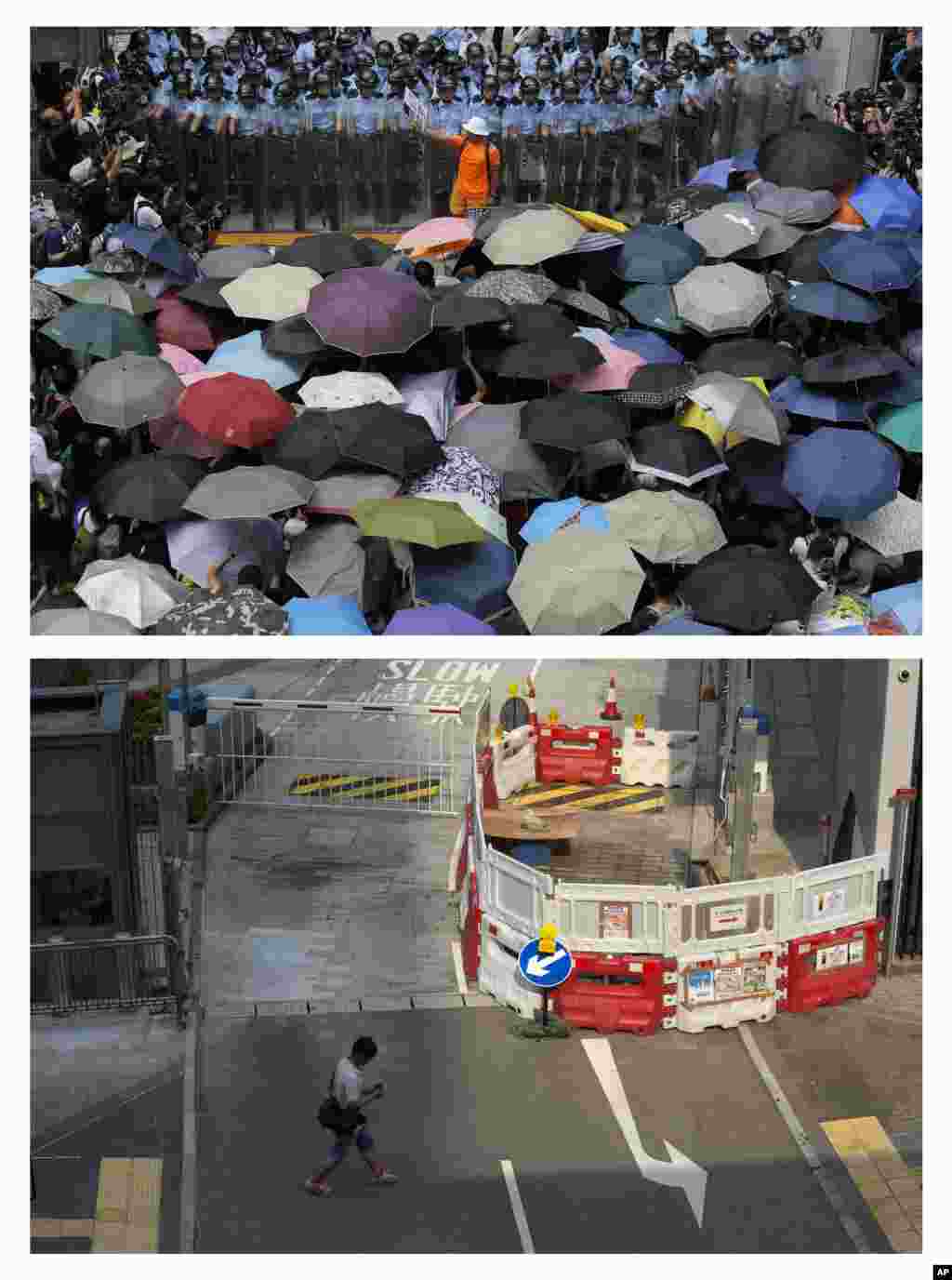 This combination of Sept. 27, 2014 file (t), and Sept. 26, 2015 (b) photos shows a protester holding a placard that reads: "Occupy Central" between anti-riot policemen and protesters outside the government headquarters during the Umbrella Movement in Hong Kong, and the same area almost a year later.