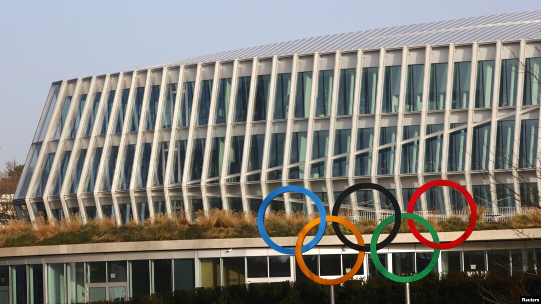 The Olympic rings are seen in front of the International Olympic Committee (IOC) headquarters, in Lausanne, Switzerland, Feb. 24, 2021.