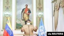 Venezuela's President Nicolas Maduro speaks at the 75th UN annual meeting from Miraflores Palace in Caracas, Venezuela September 22, 2020. Miraflores Palace/Handout via REUTERS ATTENTION EDITORS - THIS PICTURE WAS PROVIDED BY A THIRD PARTY.