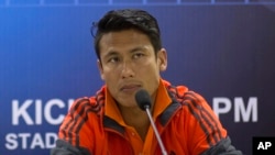 FILE – In this March 11, 2015 file photo, Nepal soccer team captain Sagar Thapa attends a press conference on the eve of a World Cup qualifying match against India in Gauhati, India.