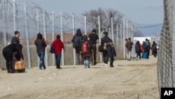 Migran berjalan menuju tempat pendaftaran dan kemah transit setelah memasuki Macedonia dari Yunani dari kota Gevgelija (5/3).