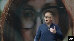 Dave Limp, senior vice president for Amazon devices & services, wears a pair of Echo Frames - eyewear enabled with the company's Alexa personal assistant technology, as he speaks Wednesday, Sept. 25, 2019, during an event in Seattle. The glasses are…