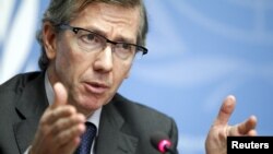 Utusan khusus Misi PBB untuk Libya (UNSMIL) Bernardino Leon berbicara di Jenewa (11/8). 