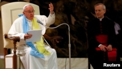 Pope Francis speaks during a meeting with participants in the Pilgrimage of Lutherans at the Vatican, Oct. 13, 2016. 