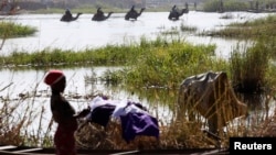 Nigerians fleeing Boko Haram attacks continue to enter Chad; men on camels cross the water as a woman washes clothes in Lake Chad at Ngouboua, Jan. 19, 2015.