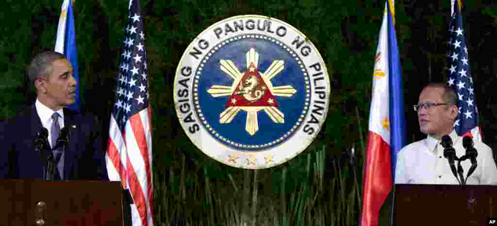 President Barack Obama states during a joint news conference with President Benigno Aquino III, that a 10-year agreement signed Monday, April 27, will give the U.S. military greater access to Philippine bases, helping to promote peace and stability in the region, Malacanang Palace, Manila, April 28, 2014. 