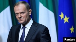 President of the European Council Donald Tusk arrives at a press conference in Dublin, Ireland, Dec. 1, 2017.