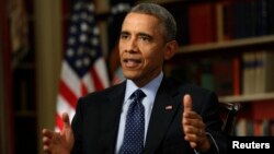 U.S. President Barack Obama speaks during an exclusive interview with Reuters in the Library of the White House in Washington, March 2, 2015. 