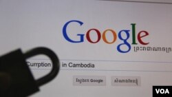 A photo of a Google Search Cambodia website. A leaked cybercrime draft law has increased concerns from human rights activists that the law could threaten online freedom in Cambodia. (Suy Heimkhemra/VOA Khmer)