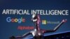 ARCHIVO: Imagen compuesta con los logos de Google, Microsoft y Alphabet, y el letrero de inteligencia artificial.