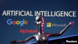 Imagen de archivo de una ilustración que muestra los logotipos de Google, Microsoft y Alphabet, junto al texto: "Inteligencia Artificial".