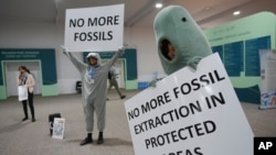 Una persona disfrazada sostiene un cartel en inglés que dice "no más extracción de fósiles en áreas protegidas" en la Cumbre Climática de la ONU COP29, el 20 de noviembre de 2024, en Bakú, Azerbaiyán. 