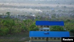 FILE - An aerial view shows Bidi Bidi refugee camp, home to displaced South Sudanese families, in Yumbe district, in northern Uganda, April 5, 2017. 